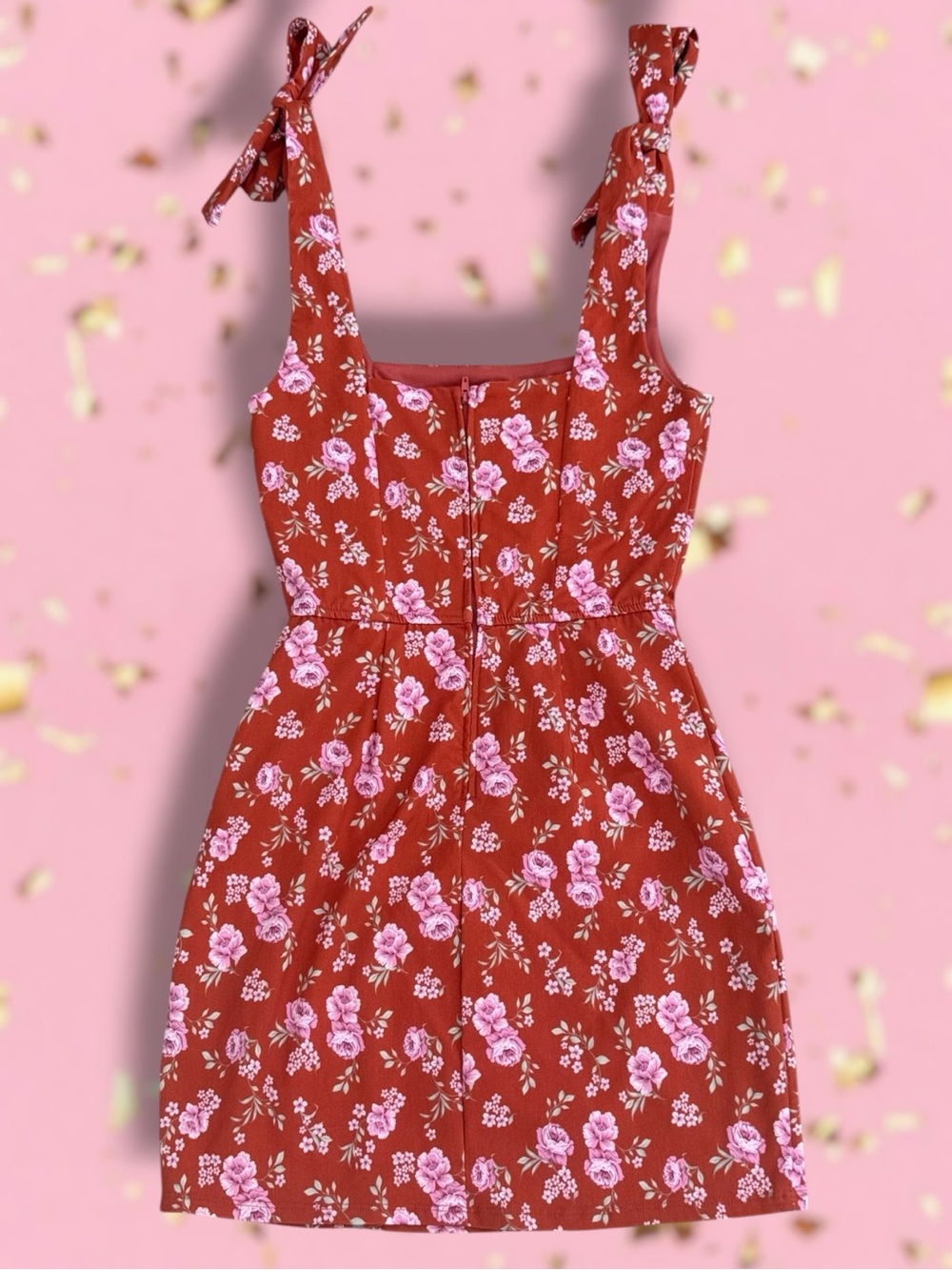 ✨Altar’d State✨Burnt Orange Mini sun dress with pink rose print. - Picture 6 of 8